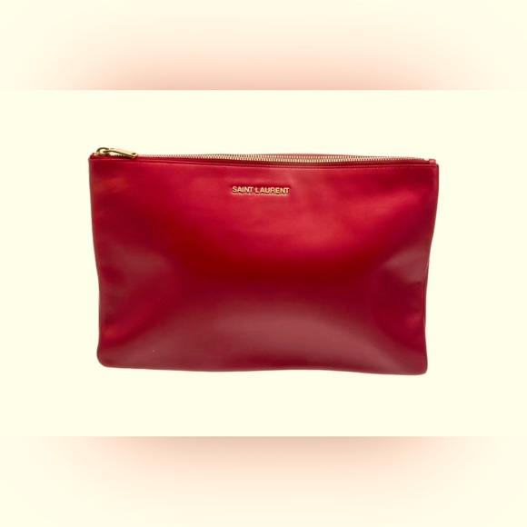 Saint Laurent Leather Pouch Cherry Red iPad Case Tablet Case Clutch Zippered Bag - Picture 3 of 9